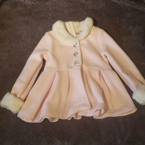 Pink faux fur trim coat with rhinestone buttons
